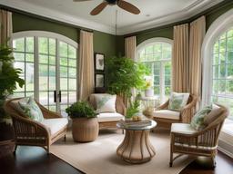 A sunroom with Regency interior design highlights comfortable seating, elegant drapery, and lush greenery that create a bright and inviting space to enjoy the beauty of nature.  