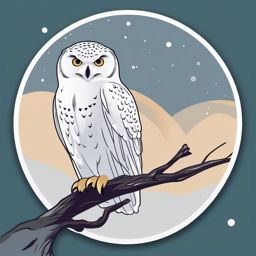 Snowy owl on a branch sticker- Watchful and silent, , sticker vector art, minimalist design