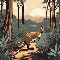 Wallaby Clip Art - Wallaby hopping in the Australian bush,  color vector clipart, minimal style