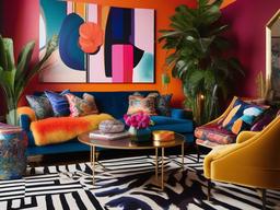 Maximalist living room is a vibrant explosion of color and texture, featuring bold patterns, statement art pieces, and luxurious textiles that invite you to explore every corner.  