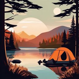 Camping Scene by the Lake at Sunset Clipart - Campers in a picturesque setting by the lake at sunset.  color vector clipart, minimal style