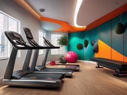 In the gym room, surrealist interior design includes unusual workout equipment, vibrant colors, and playful decor that enhance fitness activities in a creative environment.  