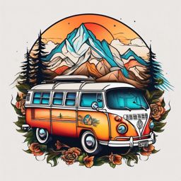 Vintage camper van tattoo. Nomadic spirit and wanderlust.  color tattoo design, white background