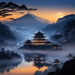 mount emei, china - illustrate the misty landscapes and ancient temples of mount emei, a sacred buddhist site, at night. 