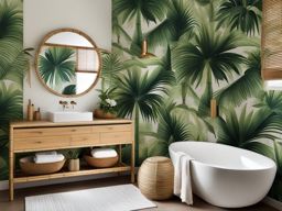 tropical bathroom with palm leaf wallpaper and bamboo accessories. 