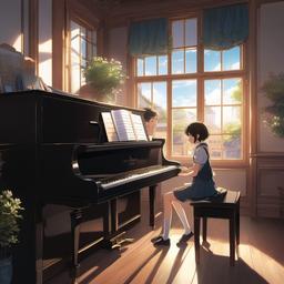 An anime boy playing piano on a school stage and a girl watching it from far through a window