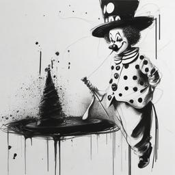 drawing of a clown performing  minimal rough sketch scribbles,doodles,black and white