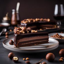 a slice of decadent chocolate hazelnut torte, with layers of chocolate ganache and hazelnut praline. 