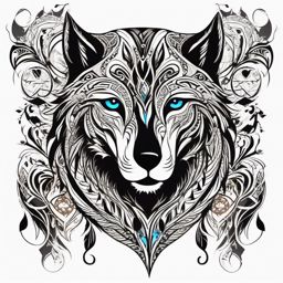 Tattoo Tribal Wolf,tribal masterpiece, where the wolf's spirit harmonizes with ancient symbols, story etched in ink. , color tattoo design, white clean background