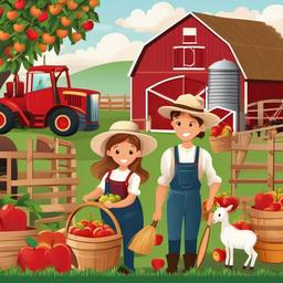 Farm clipart - farm with a family picking apples  