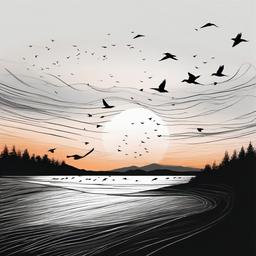 drawing of a sunset with birds flying  minimal rough sketch scribbles,doodles,black and white