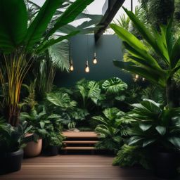 Modern Tropical Jungle - Create a modern garden with a lush tropical jungle theme. realistic, professional photography, bokeh, natural lighting, canon lens, shot on dslr 64 megapixels sharp focus