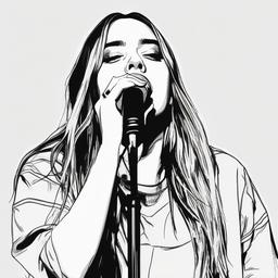 drawing of Billie Eilish singing into a microphone  minimal rough sketch scribbles,doodles,black and white