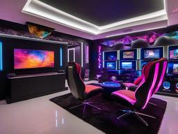 In the gamer room, cosmic chic interior design features sleek gaming chairs, vibrant LED lighting, and cosmic art that enhances the immersive experience of gaming.  