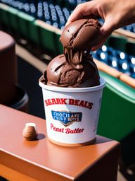 chocolate peanut butter cup ice cream indulged at a lively baseball game in the stadium. 