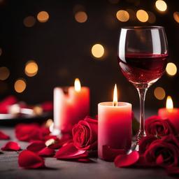 Valentines Day background - Romantic candle-lit dinner table with rose petals and wine glasses  