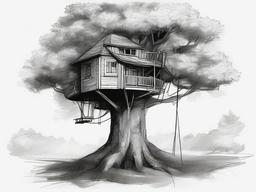 drawing of a treehouse in a tree  minimal rough sketch scribbles,doodles,black and white