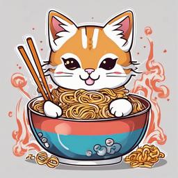 Cute cat eating ramen kawaii style perfect for a t-shirt design   colors,professional t shirt vector design, white background