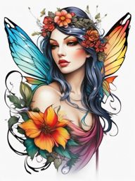 colorful fairy tattoo  simple color tattoo style,white background