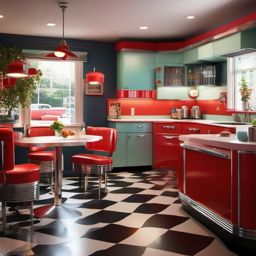 Retro Diner-Inspired Kitchen - Transform your kitchen into a retro diner-inspired space. , kitchen layout design ideas, multicoloured, photo realistic, hyper detail, high resolution,