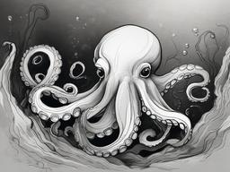 drawing of an octopus in the deep sea  minimal rough sketch scribbles,doodles,black and white