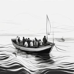 drawing of a boat with people  minimal rough sketch scribbles,doodles,black and white