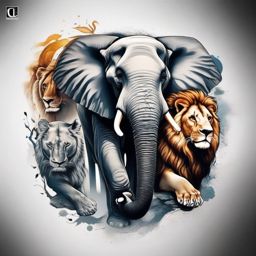 Elephant and lion tattoo, Tattoos that combine the strength of elephants with the power of lions. , color tattoo designs, white clean background