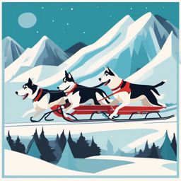 Dog Sled Clipart - A team of sled dogs racing through snowy terrain.  transport, color vector clipart, minimal style