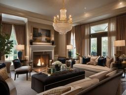 Regency interior design in the living room features elegant furnishings, rich fabrics, and intricate details that create a luxurious and sophisticated atmosphere.  