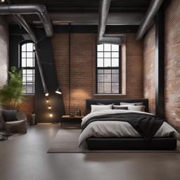 urban loft bedroom with industrial accents and exposed brick walls. 