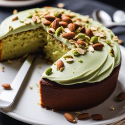 pistachio almond cake with pistachio frosting, enjoyed at a cozy coffee shop. 