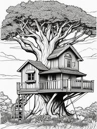 House Coloring Pages - Tree house perched high in the branches of a large tree  simple coloring pages