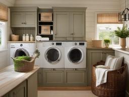 Cottage laundry room features cozy furnishings, vintage accents, and charming decor, creating a quaint and inviting atmosphere for laundry tasks.  