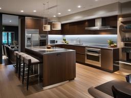 Contemporary kitchen showcases a combination of wood and metal finishes, a spacious layout, and stylish lighting fixtures for a modern feel.  