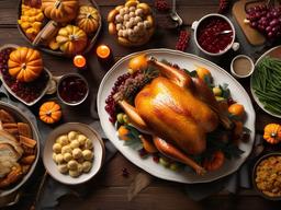 Thanksgiving Wallpaper-A traditional Thanksgiving feast spread across a rustic wooden table, overflowing with delicious food.  aesthetic background wallpaper