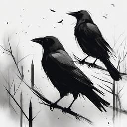 drawing of crows with an eerie atmosphere  minimal rough sketch scribbles,doodles,black and white