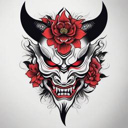 Oni Mask with Flowers - Tattoo incorporating the fearsome Oni mask with the elegance of flowers.  simple color tattoo,white background,minimal