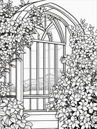 Jasmine coloring page sheet - Fragrant jasmine flowers climbing over a garden trellis.  black outline printable coloring page