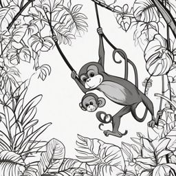 Monkey Clipart - Monkey swinging from vines in the tropical jungle , minimal, 2d