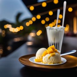 mango and sticky rice ice cream, a thai fusion delight, devoured at a rooftop party in phuket. 