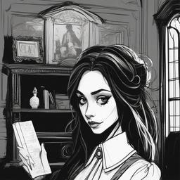 drawing of Wednesday in a haunted mansion  minimal rough sketch scribbles,doodles,black and white