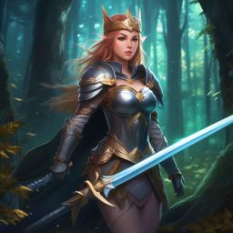 Warrior princess, wielding a gleaming sword, standing valiantly in a mystical forest, defending her realm from dark forces.  front facing ,centered portrait shot, cute anime color style, pfp, full face visible