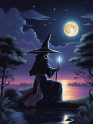 dark magician casting spells under the moonlight in a tranquil night scene. 