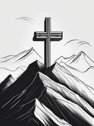 drawing of a cross on a mountain  minimal rough sketch scribbles,doodles,black and white