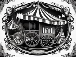 Retro circus wagon ink: Vintage charm, reminiscent of traveling carnival days.  black and white tattoo style