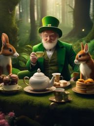 Mischievous leprechaun causes chaos during a tea party with talking animals in a magical forest.  8k, hyper realistic, cinematic