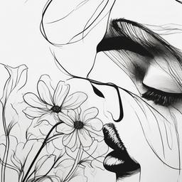 drawing of a nose smelling flowers  minimal rough sketch scribbles,doodles,black and white