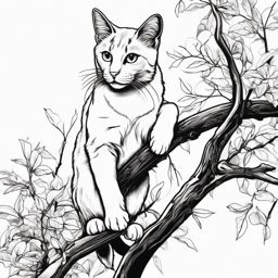 Curious cat perched on a branch ink, symbolizing agility and wonder in tattoo art.  black white outline tattoo, white background