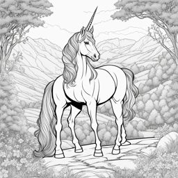 unicorn coloring pages - vigilant unicorn standing sentinel at the entrance to a hidden valley, its horn aglow with protective magic. 