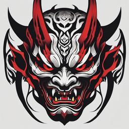 Oni Demon Mask Tattoo - Tattoo featuring the fearsome Oni mask, symbolizing malevolent supernatural beings.  simple color tattoo,white background,minimal